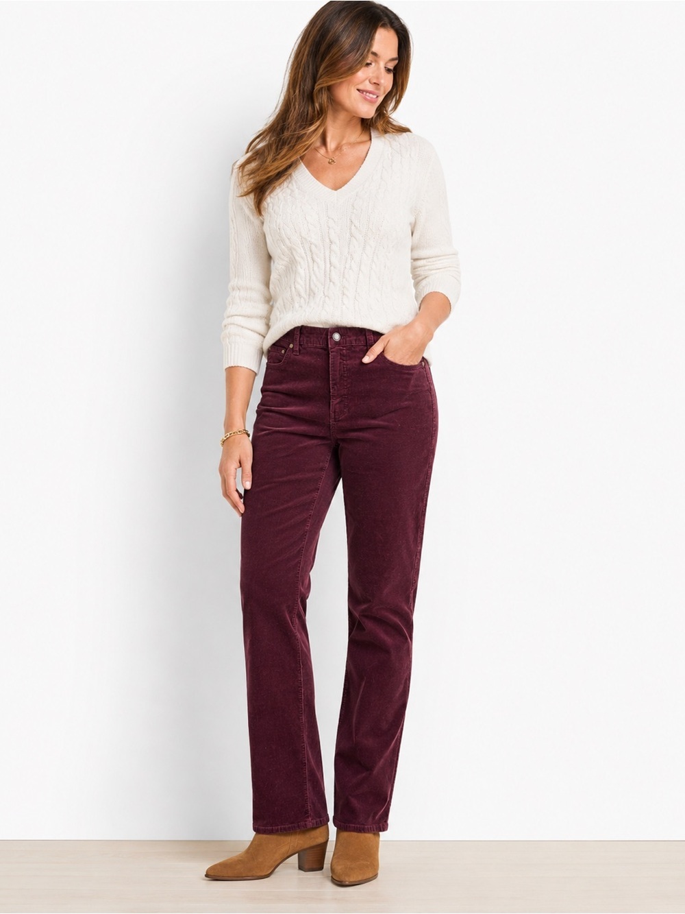 Talbots Women’s 12P High Rise Straight Leg Corduroy Pants Burgundy Stretch